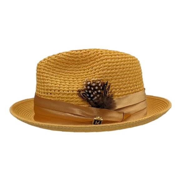 MONTIQUE MEN'S CANARY COLOR PINCH BRAIDED FEDORA WITH MATCHING SATIN RIBBON. H34 - Picture 1 of 4